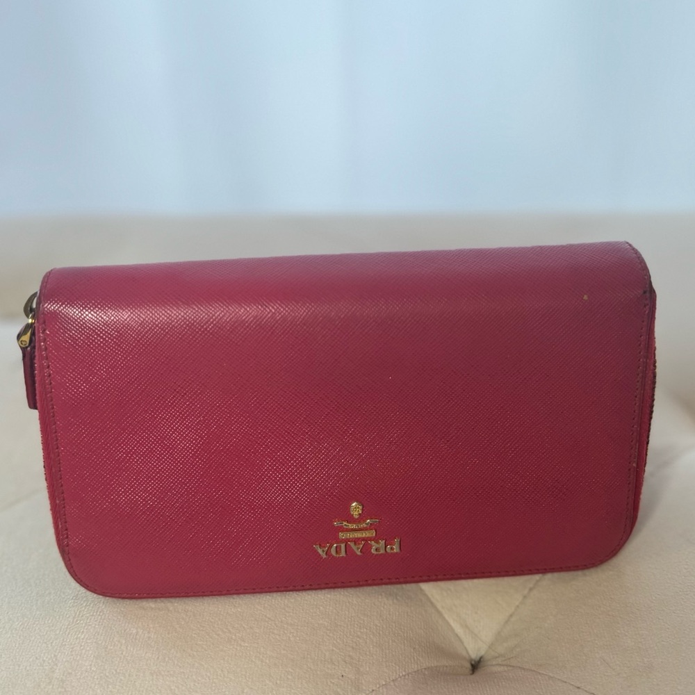 Prada Saffiano Leather Zip Wallet in Fuchsia with Gold Logo - Picture 8 of 12